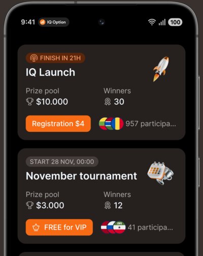 Smartphone showing IQ Option trading tournaments
